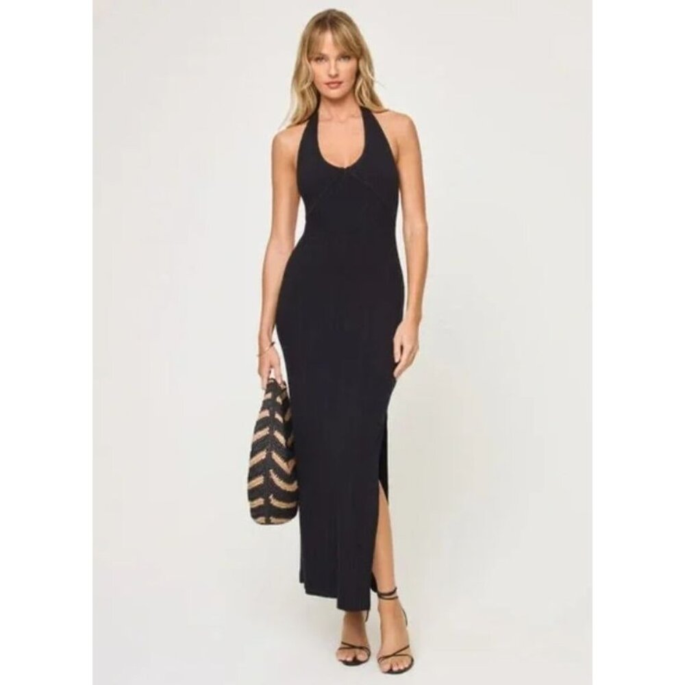 L*Space Black Bodycon Tie Halter Dress Size SM Maxi Ribbed Stretchy Casual LBD - Picture 1 of 12